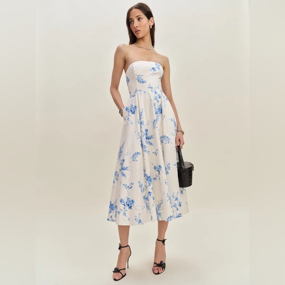 Reformation Astoria Dress Cecile Blue Floral Strapless Midi Dress bridal shower